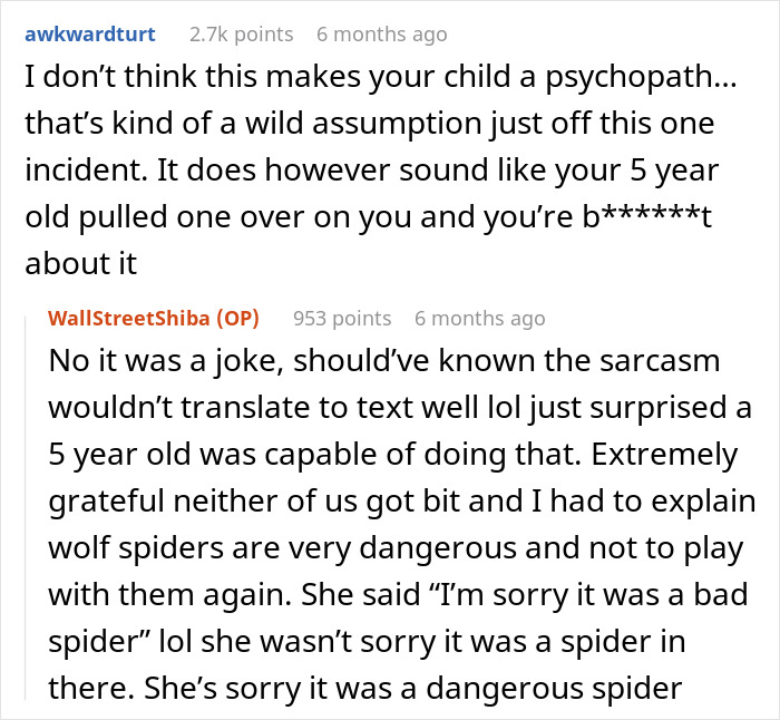 Reddit conversation about a dad&rsquo;s jump scare and questioning if his 5-year-old daughter might be a psychopath.