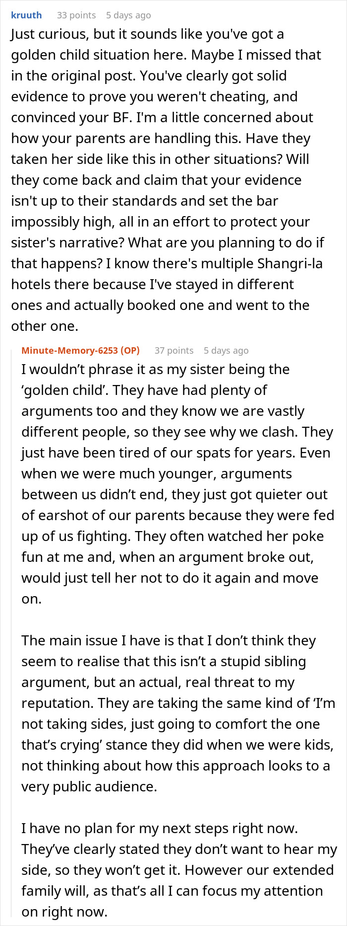 Reddit discussion with users debating a woman accused of sleeping with sister&rsquo;s fianc&eacute; and family conflict.