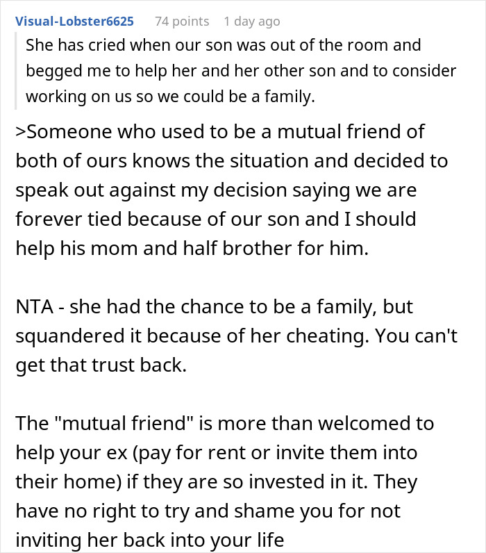 Reddit post where a dad refuses to play savior for his homeless ex, prioritizing his choices and boundaries.