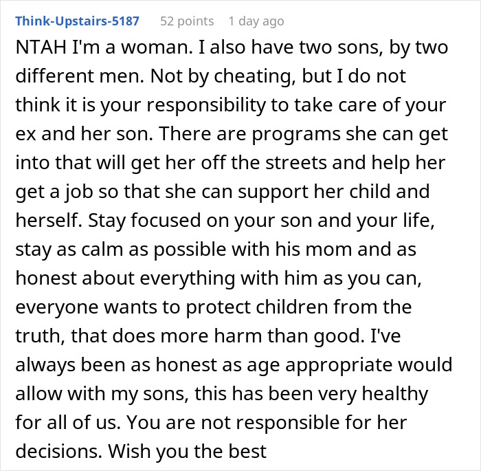 A Reddit comment discussing why a dad should not play savior for his homeless ex and child.