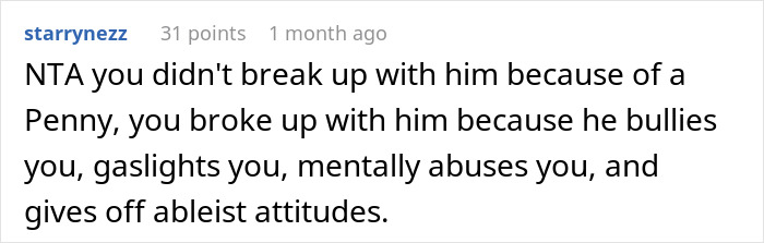 Screenshot of a social media comment explaining a woman ends relationship over one cent and feels liberated from emotional a***e.