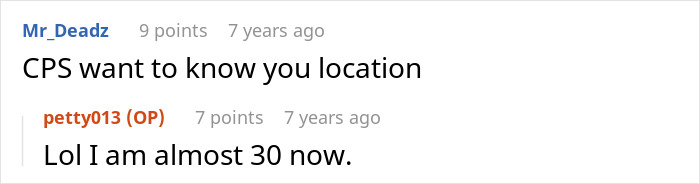 Screenshot of a forum discussion where a user talks about CPS wanting to know the location and another replies about age.