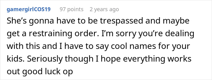 Comment discussing toxic MIL refusing to leave daughter's home, suggesting restraining order and legal action advice.