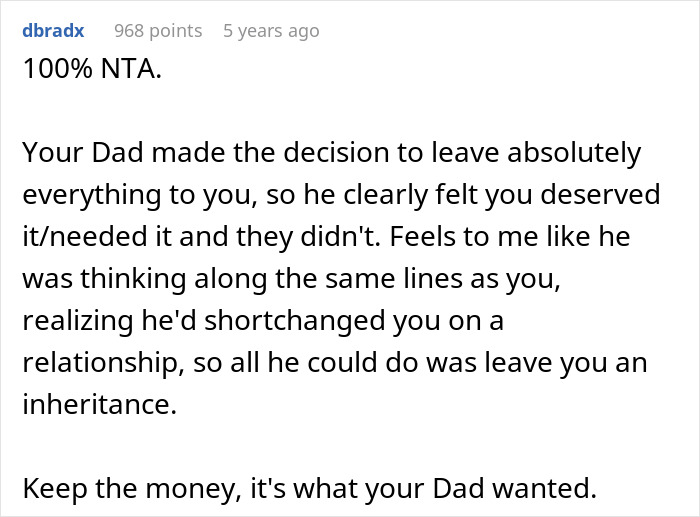 Comment discussing estranged dad leaving inheritance to daughter and stepmom demanding equal sharing of estate.
