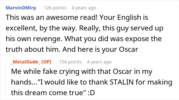 Reddit comments reacting to a story, discussing one employee's perfect revenge on a horrible boss.