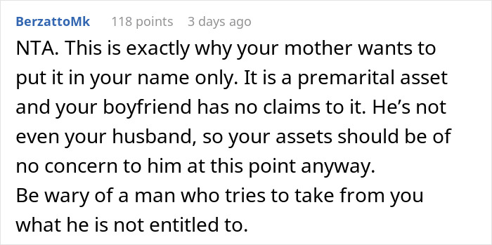 A comment advises a woman to accept property in her name, emphasizing it's a premarital asset and her boyfriend has no claim.