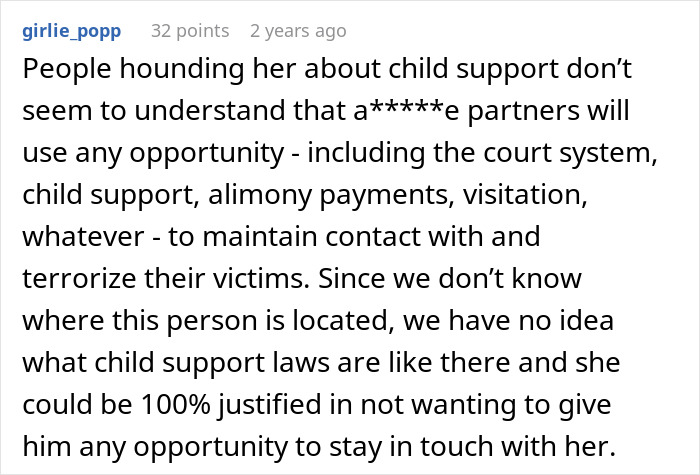A comment from 'girlie_popp' on a white background discusses issues with child support and manipulative partners, relevant to donor baby stories.