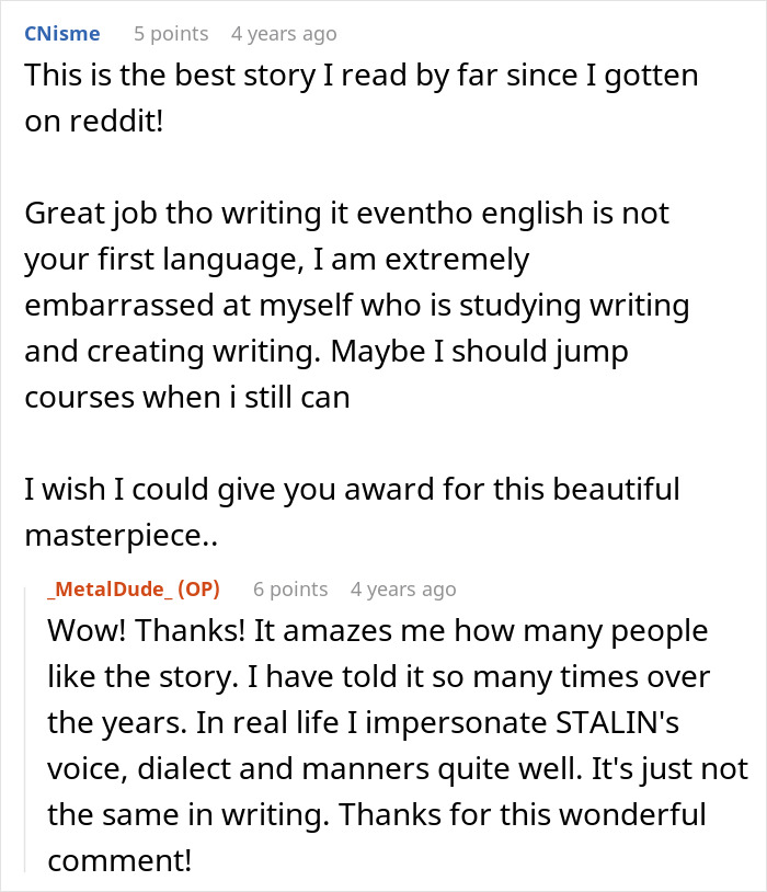Reddit comments praise a story about perfect revenge, with one user even expressing embarrassment at their own writing skills.