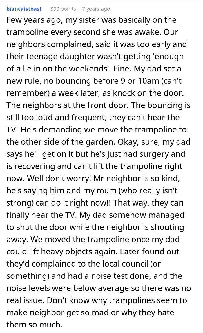 Comment text describing neighbors complaining about trampoline noise and HOA demands to remove it, leading to dad running for the board.