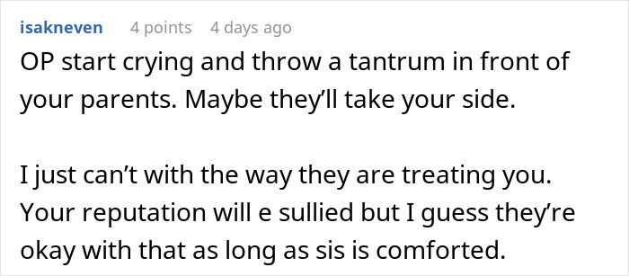 Online comment discussing a woman accused of sleeping with her sister&rsquo;s fianc&eacute; and struggling with family judgment.