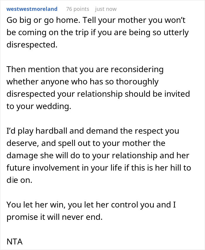 Comment advising a woman to confront her mother controlling her sleeping arrangements with her wife-to-be and demand respect.