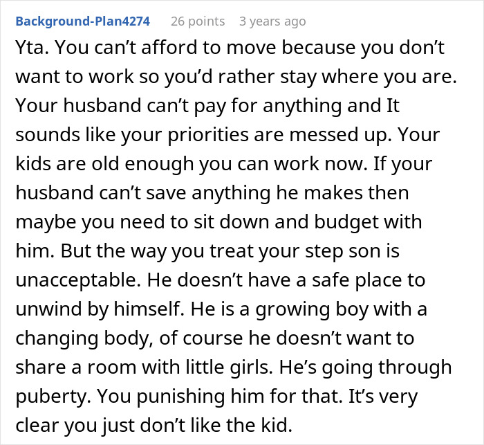 Comment discussing woman paying for family vacation and excluding stepson due to his comfort and enjoyment concerns.