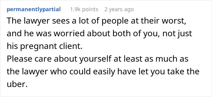 A Reddit comment discusses lawyers seeing people at their worst, emphasizing a lawyer's concern for a pregnant client. Relevant to divorce papers and a baby bump.