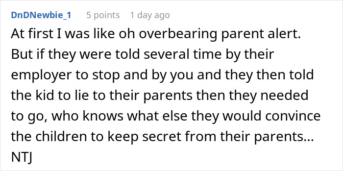 Screenshot of an online comment discussing an overbearing parent noticing a kid got food they weren&rsquo;t supposed to receive.