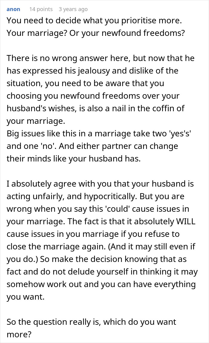 Comment discussing challenges in marriage after proposing an open marriage and choosing newfound freedoms over closure. Comment discussing challenges in marriage after proposing an open marriage and choosing newfound freedoms over closure.