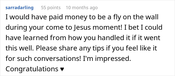 Comment about husband neglecting pregnant wife after finding chosen family, praising handling of difficult conversation.