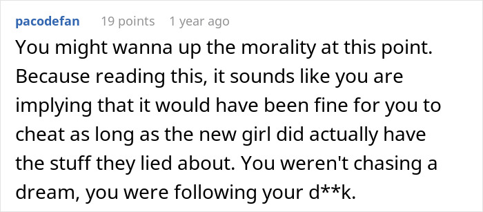 Screenshot of a forum comment discussing the consequences faced by a cheater chasing a fantasy with no sympathy.