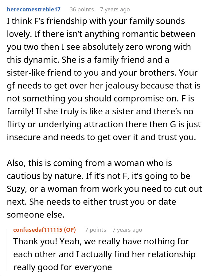 Comment discussing woman breaking up with boyfriend over his female friend's close family bond and jealousy issues. Comment discussing woman breaking up with boyfriend over his female friend's close family bond and jealousy issues.