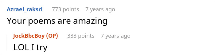 Screenshot of a Reddit comment thread discussing and praising creative poetry skills online.