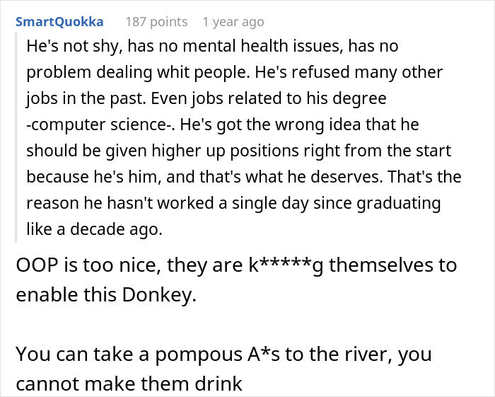 Text conversation about a man judging his best friend for working as a server but not asking for money. Text conversation about a man judging his best friend for working as a server but not asking for money.