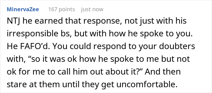 Comment discussing a man playing expert at dinner party and being called out by a real expert, leading to a harsh response.