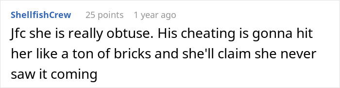 A Reddit comment states, "Jfc she is really obtuse. His cheating is gonna hit her like a ton of bricks." A married man's hotel room drama.
