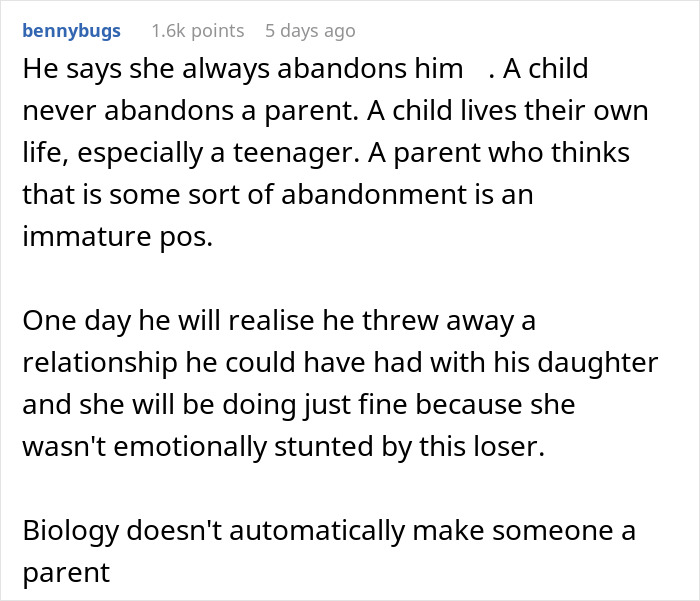 Comment discussing a teen confronting dad about abandonment after he forgot her birthday, causing emotional distance. Comment discussing a teen confronting dad about abandonment after he forgot her birthday, causing emotional distance.