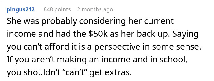 Comment from user discussing a girlfriend who pretended to be broke despite having $50K in savings for years.