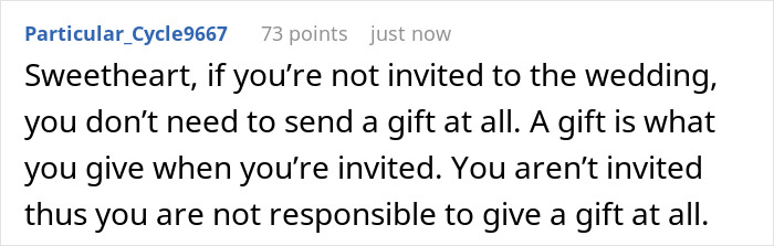 A Reddit comment advising someone not to send a gift if uninvited to a wedding. This relates to a Christian bride and her Muslim best friend.