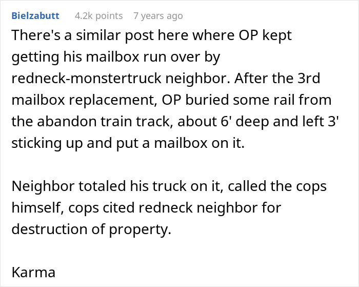 Text post describing a man getting revenge on a neighbor by causing damage after repeated mailbox destruction.