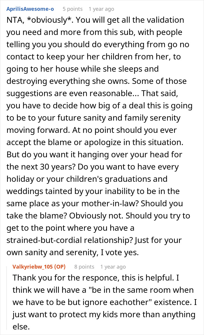 A screenshot of a Reddit thread discussing a MIL issue, showing advice on handling conflict and protecting children.