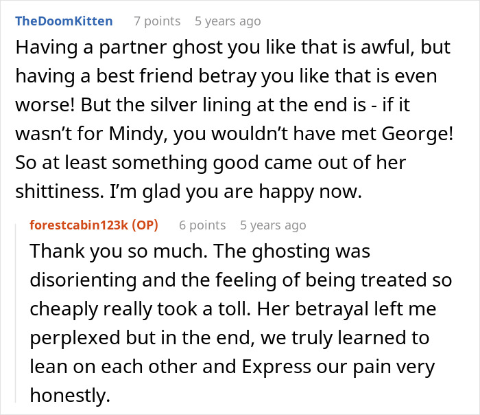 Comments discussing betrayal by a best friend and the emotional impact of cheating and scamming in a personal relationship.