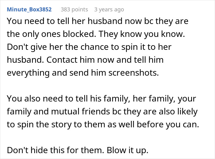 Screenshot of a Reddit comment suggesting the original poster expose an affair to the husband and family. Affair exposure.