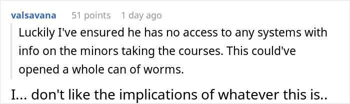 Reddit user discussing concerns about kid work involving a mother fired due to access issues with minors' course info. Reddit user discussing concerns about kid work involving a mother fired due to access issues with minors' course info.