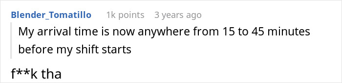 Screenshot of a forum comment showing an employee&rsquo;s revenge on a colleague who exposed their late arrival time.