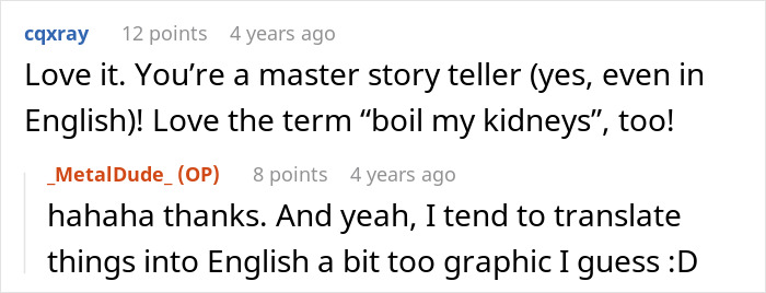 Reddit comments on horrible boss revenge, with one user praising a story's graphic translation.