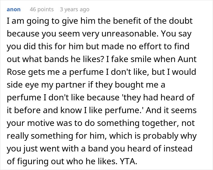 Comment discussing woman buying concert tickets for boyfriend who loves bands and his emotional reaction.