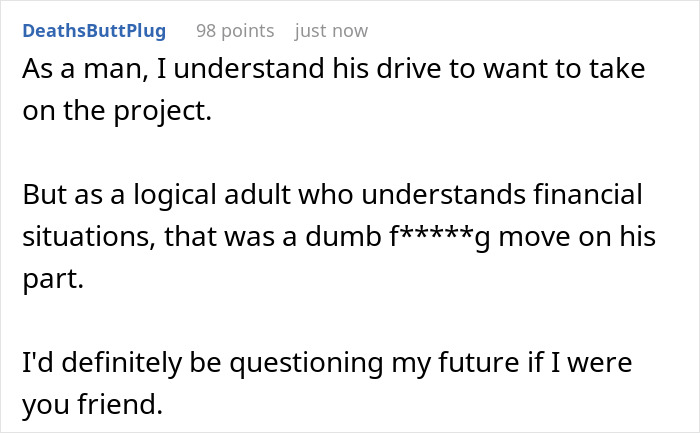 A Reddit comment discussing a husband's house project, finances, and the potential for a hoarder situation.