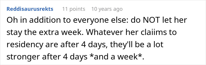 Comment discussing legal advice about residency claims after a friend&rsquo;s girlfriend stays in a man&rsquo;s house longer.