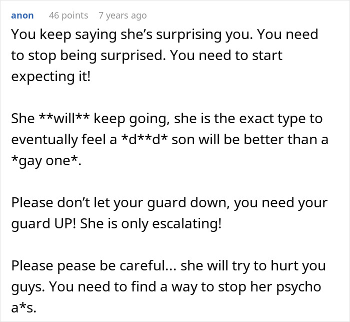 Screenshot of an online comment warning about a homophobic MIL escalating conflict involving a fake cop and a real police officer.