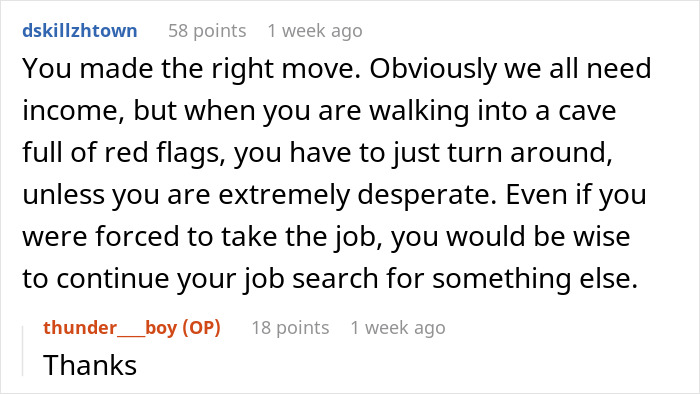 Reddit comment advising a job candidate to continue their job search if a company's offer leaves them speechless.