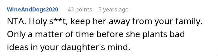 Screenshot of a Reddit comment warning to keep a woman away from family after she makes sister adopt her kid.