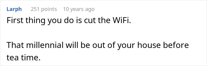 Screenshot of a comment about kicking out a friend's girlfriend living in the house, mentioning cutting WiFi as first step.