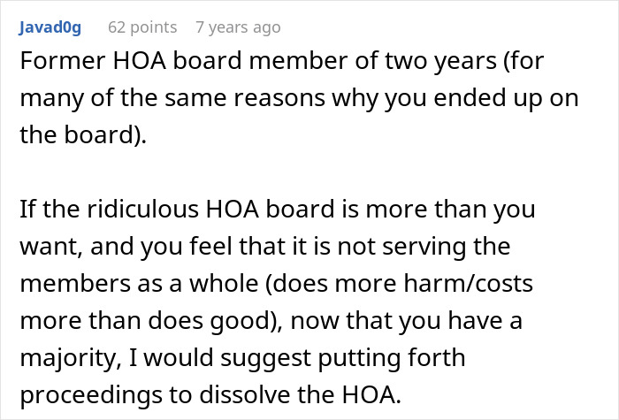 Comment explaining former HOA board experience and suggesting dissolving HOA if it causes harm to members.