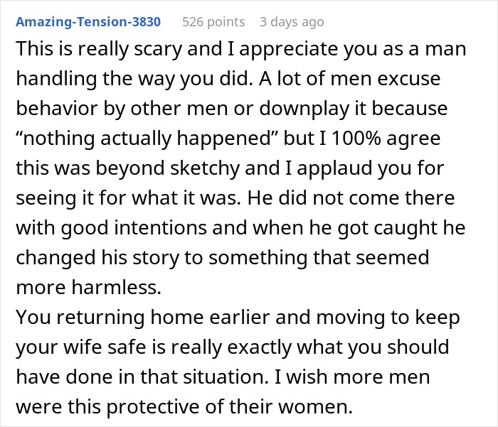 Reddit comment praising a man's actions after his Friend Visits Couple's Home and Hubs Notices Strange Behavior On Camera.