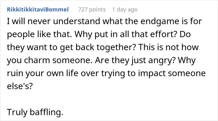 Screenshot of a Reddit comment discussing confusion over ex-boyfriend stalking and coping with trauma using comedy.
