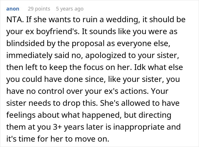 Text from a user explaining why a woman worries her sister might sabotage her wedding due to a past incident.