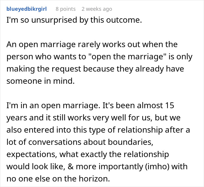 Comment discussing experiences and opinions on open marriage, relationships, and personal boundaries. Comment discussing experiences and opinions on open marriage, relationships, and personal boundaries.
