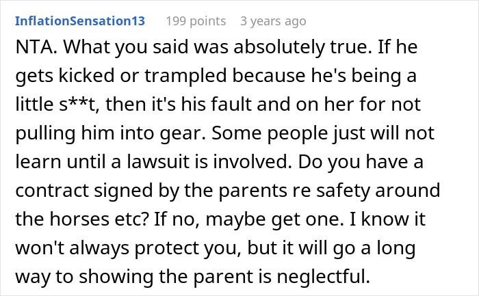 A Reddit comment about a disruptive kid, whose toxic mom escalates things, at a stable. The comment suggests getting a safety contract.