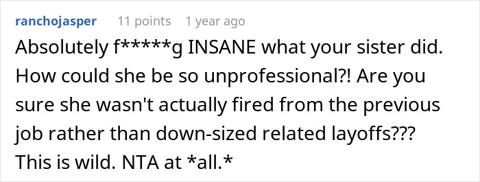 Screenshot of a forum comment discussing a CEO hiring her sister after she was downsized and discovering the real reason.